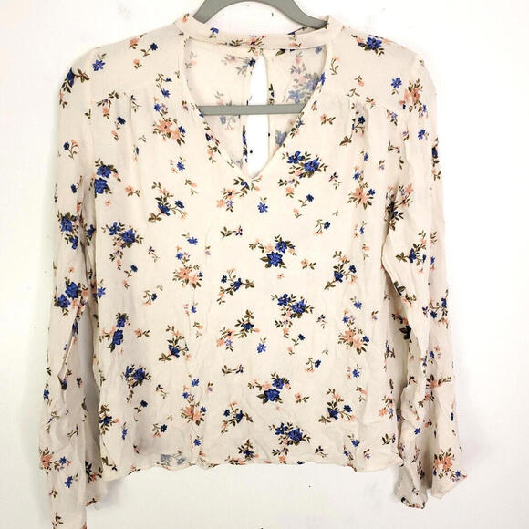 American Eagle Outfitters Tops - American Eagle Top Womens M Floral High Neck Keyhole Front Bell Sleeve Light